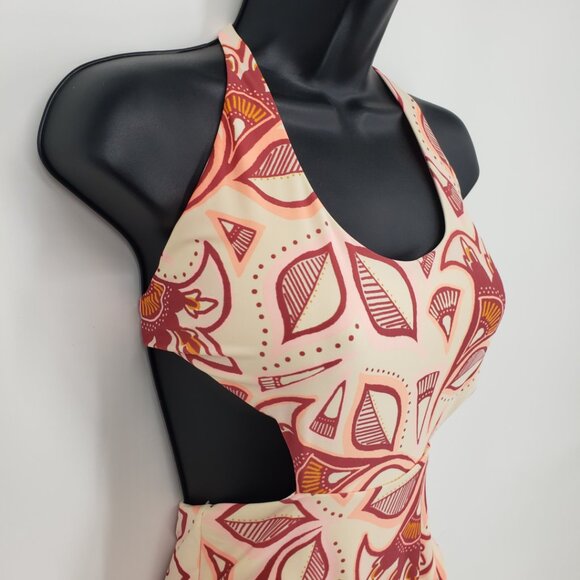 Aerie Boho Floral‎ Print Cut Out Open Back One Piece Swimsuit S  Peach Red - Picture 6 of 10